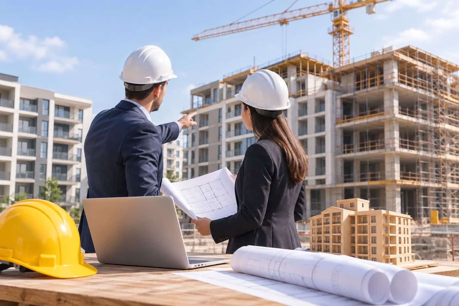 Apartment development project under construction with developers reviewing building plans on site. Bridge Loans Explained