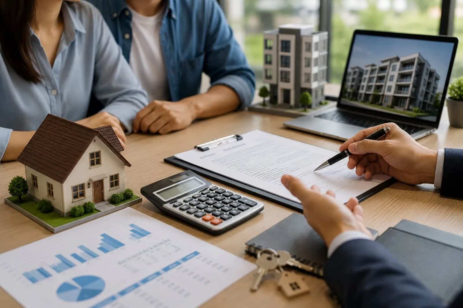Mortgage advisor discussing financing options with homebuyers using property documents, a calculator, and a house model during a home loan consultation. DSCR Loans for Primary Residence