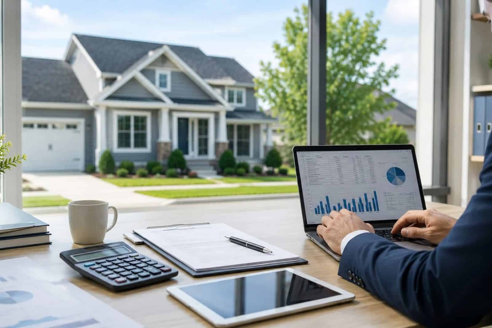 Professional reviewing mortgage documents on a laptop with a modern single-family rental home visible through an office window | DSCR Loan for Single Family Rental Properties