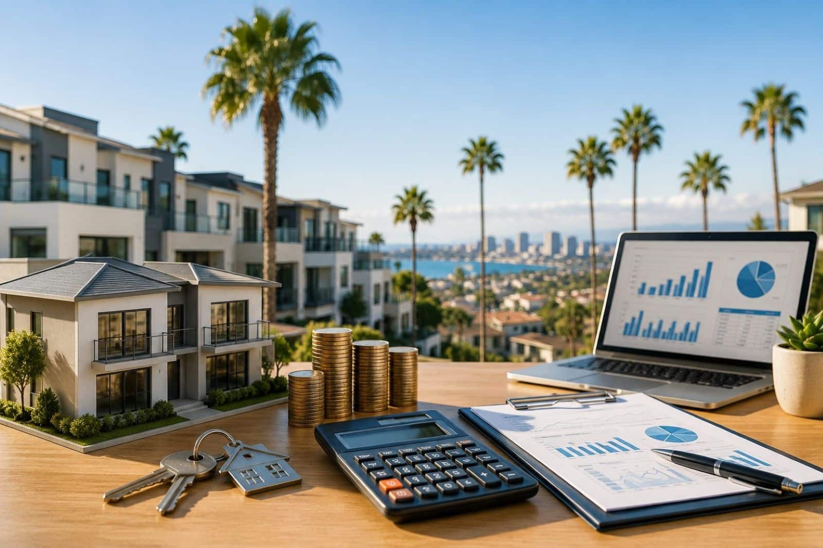 DSCR Loans in California concept showing an investment property, calculator, keys, financial documents, and laptop for real estate investors.