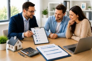 Mortgage advisor explaining the mortgage pre-approval process to a couple using a checklist during a mortgage consultation.