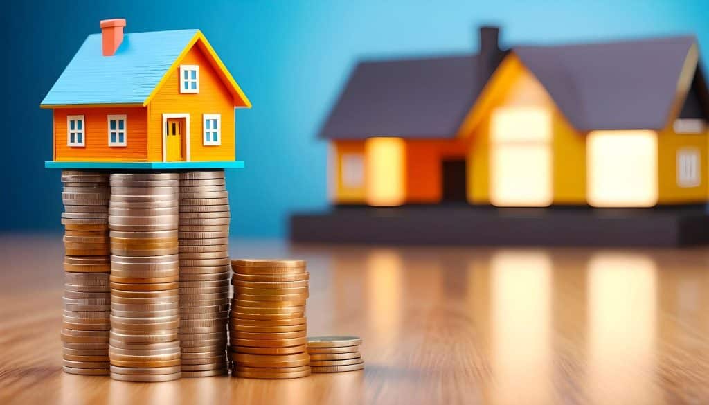 House model on stacked coins representing DSCR Loan financing for real estate investors