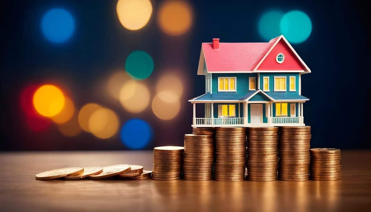 House model on stacked coins representing DSCR Loan financing for real estate investors