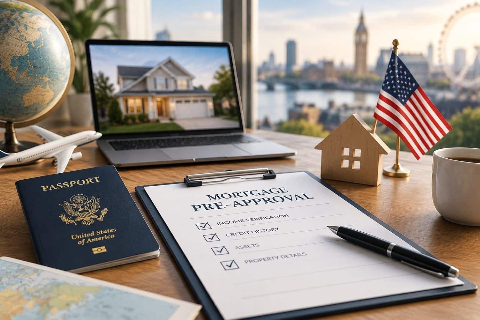 U.S. Expat Mortgage Pre-Approval for buyers living abroad with passport, globe, laptop displaying a home, and house model.