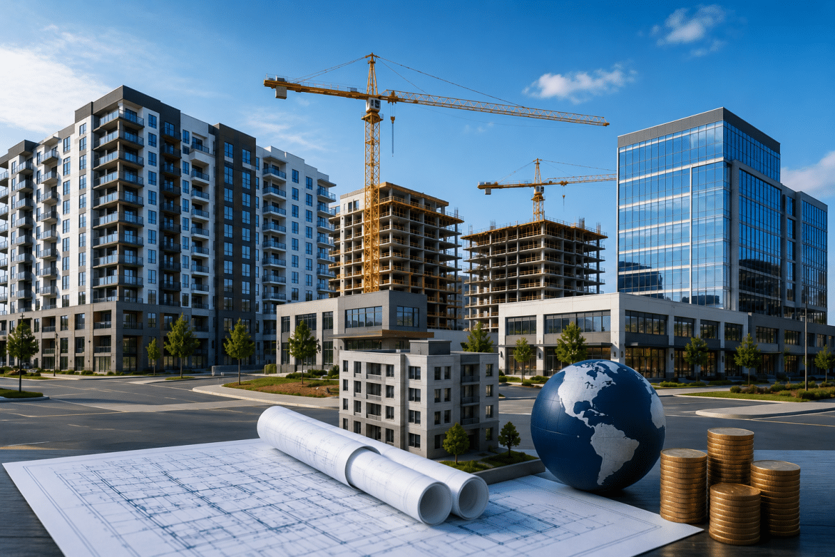 Commercial bridge loan concept showing a large apartment and commercial development with construction cranes, modern office buildings, architectural blueprints, and investment planning tools for commercial real estate financing.