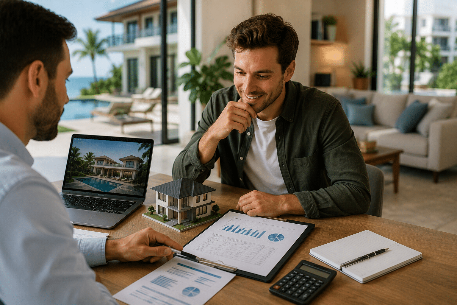 Real estate investor discussing financing options for a short-term rental property with a mortgage advisor using property documents, a house model, and financial reports | DSCR Loans for short-term rental properties