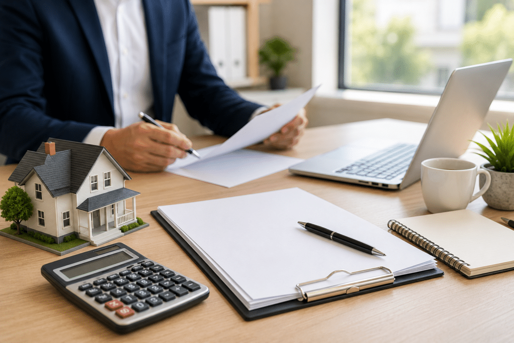 Mortgage pre approval documents with house model, calculator, and lender reviewing paperwork in a modern office.