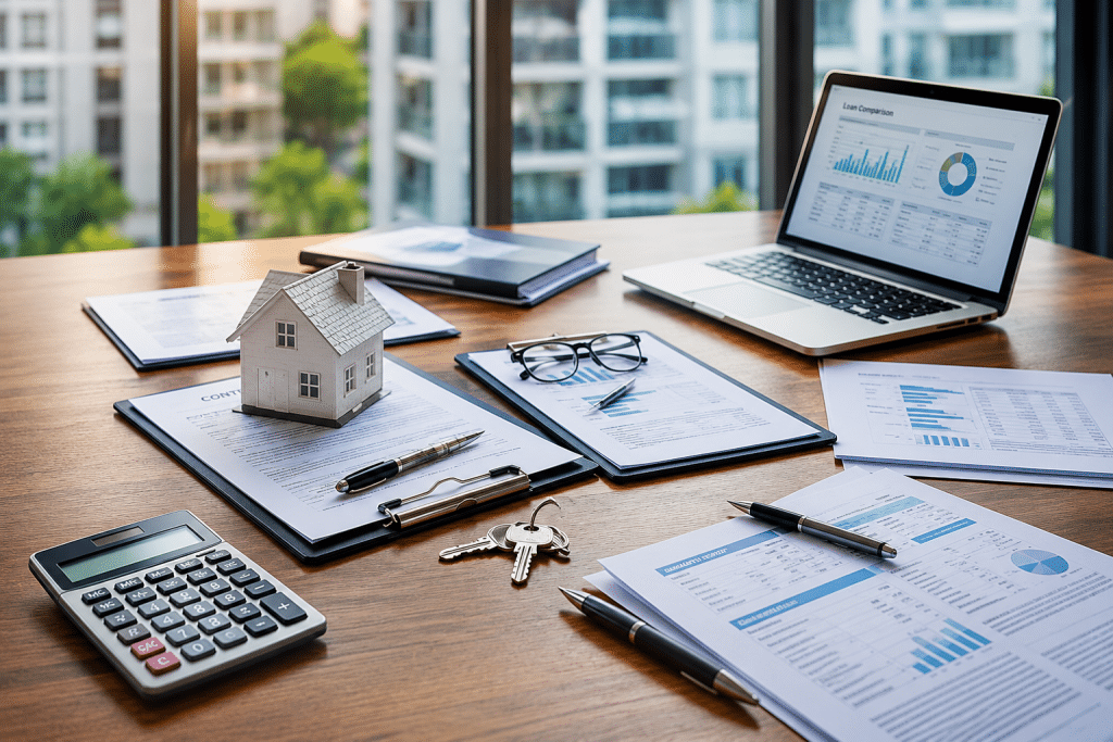 DSCR loan analysis with rental property model, calculator, financial documents, and laptop displaying loan data.
