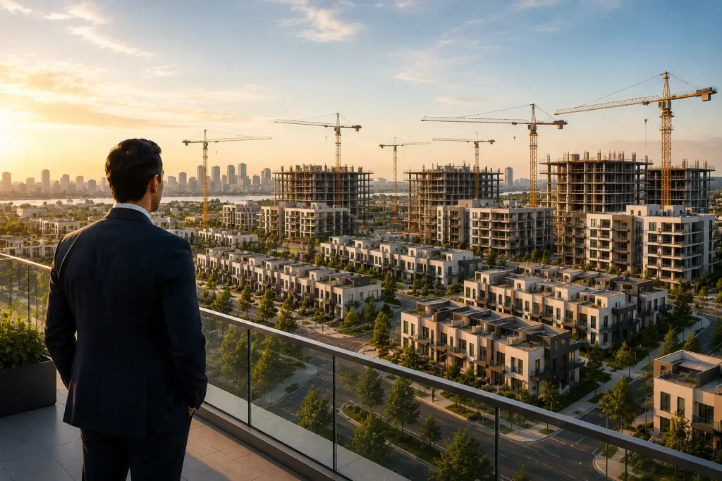 Professional investor overlooking a large residential housing development with multiple apartment buildings, townhomes, and construction cranes during sunset in a modern U.S. city.