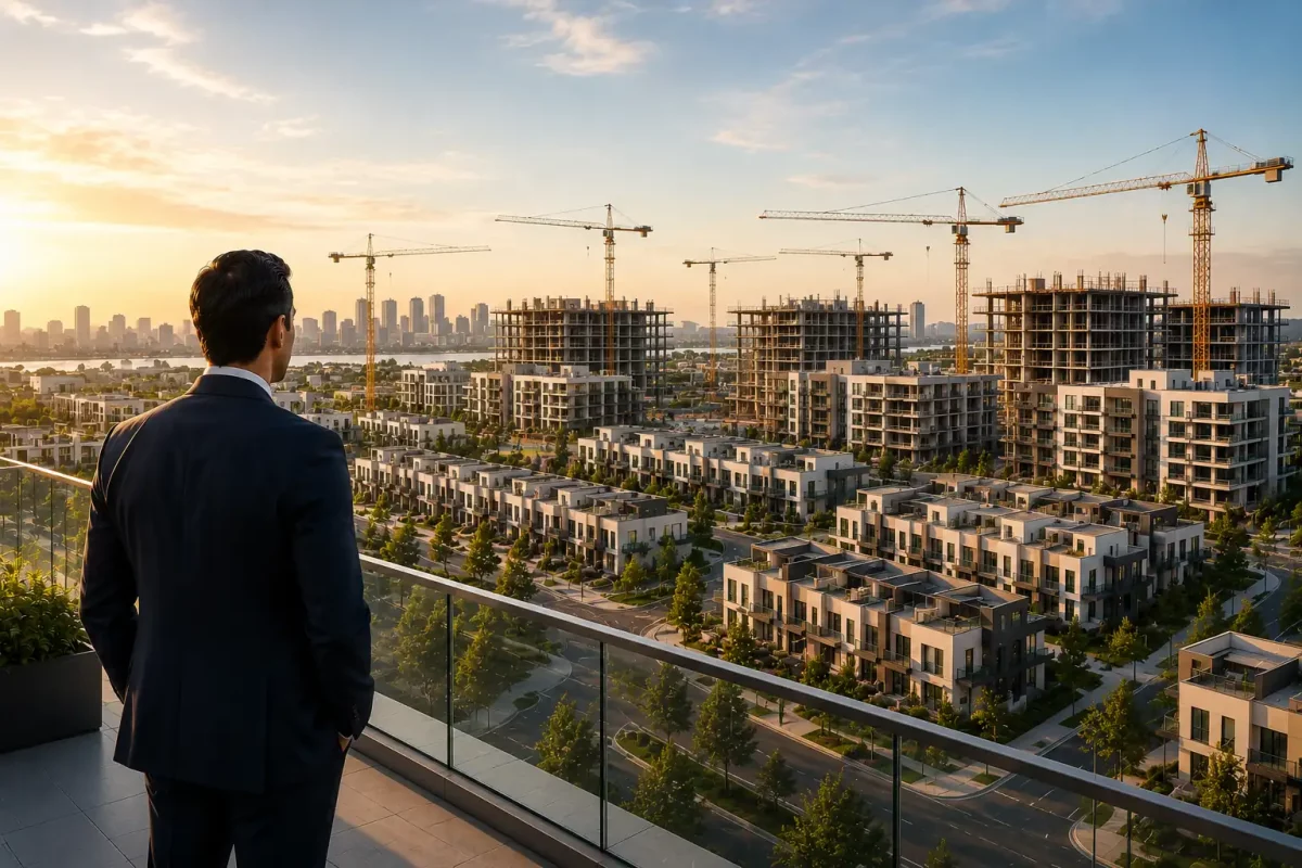 Professional investor overlooking a large residential housing development with multiple apartment buildings, townhomes, and construction cranes during sunset in a modern U.S. city | Bridge Loans explained.
