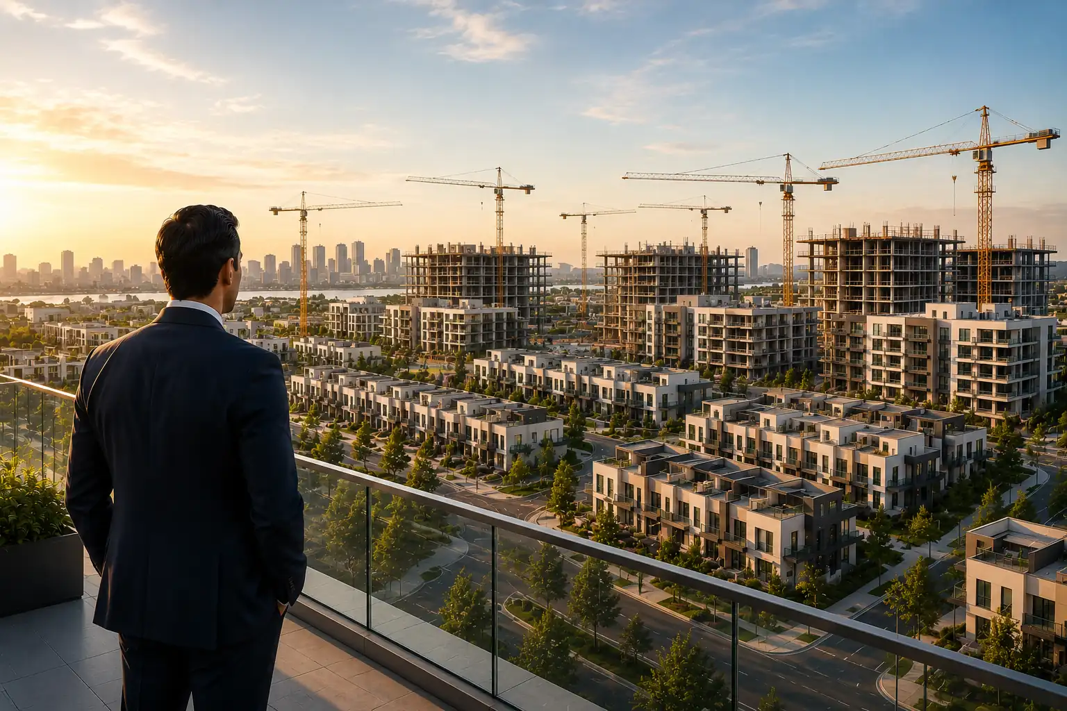 Professional investor overlooking a large residential housing development with multiple apartment buildings, townhomes, and construction cranes during sunset in a modern U.S. city | Bridge Loans explained.